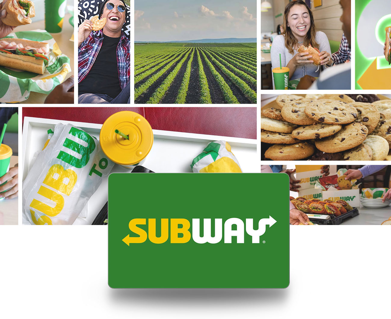 A Subway E-Gift Card is displayed against a background of webcollage showing subway-related different occasions